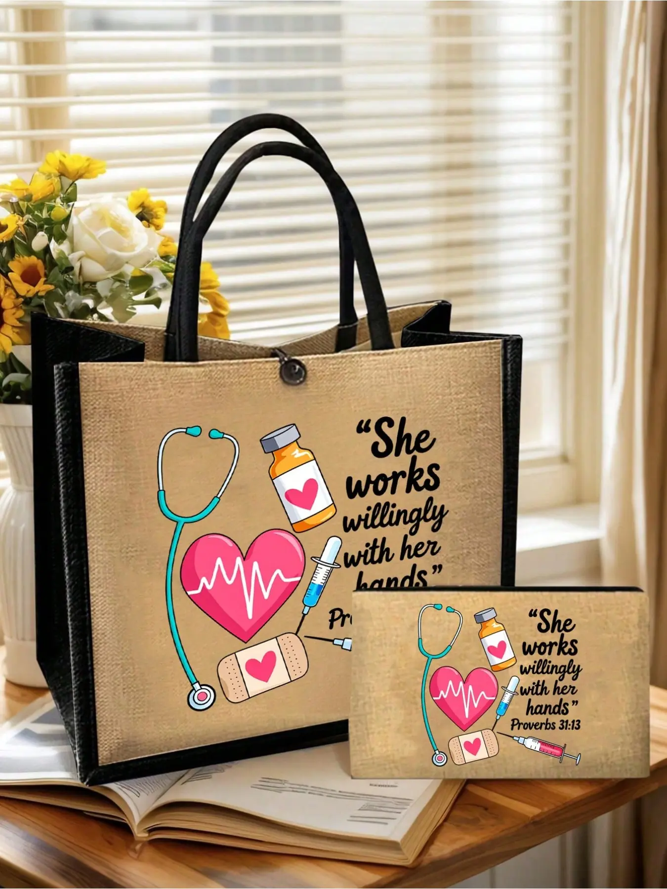 Linen canvas tote bag set with nurse-themed prints: hearts, band-aids, stethoscopes and medical supplies. Spacious bag with sturdy handles, ideal gift for nurses, med students, doctors and medical staff, great for hospital, clinic, work and travel.