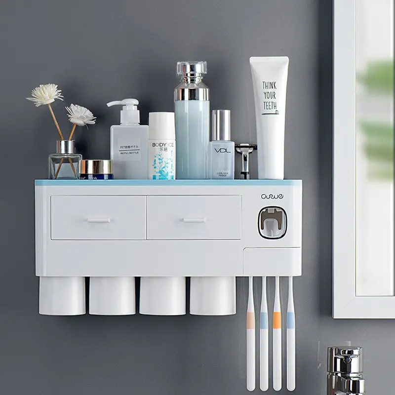2-4 Cup Toothbrush Holders for Bathrooms, Wall Mounted with Toothpaste Dispenser, Modern Style, Large Capacity Tray, Bathroom Accessories Organizer, Toothbrush and Toothpaste Holder