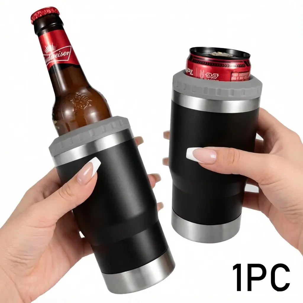 Stainless Steel Vacuum Insulated Can Cooler, 1 Count Double Wall Jar Cooler, Can & Bottle Cooler for Lean Beer & Hard Soda Bottle, Home Bar Accessories