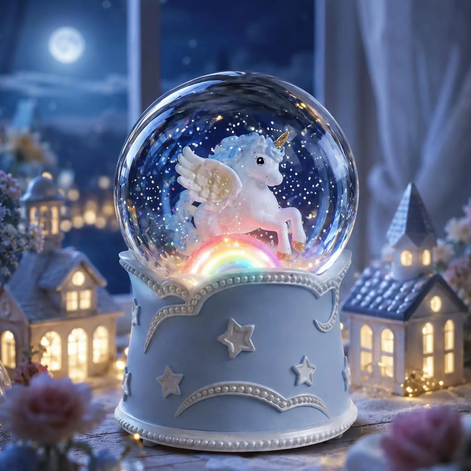 Snow Globe with Lighted Rainbow Over The Rainbow Music Wind-Up Musical with Floating Glitter Elegant Decorative Gift for Girls Bedroom Nursery Decor Birthday