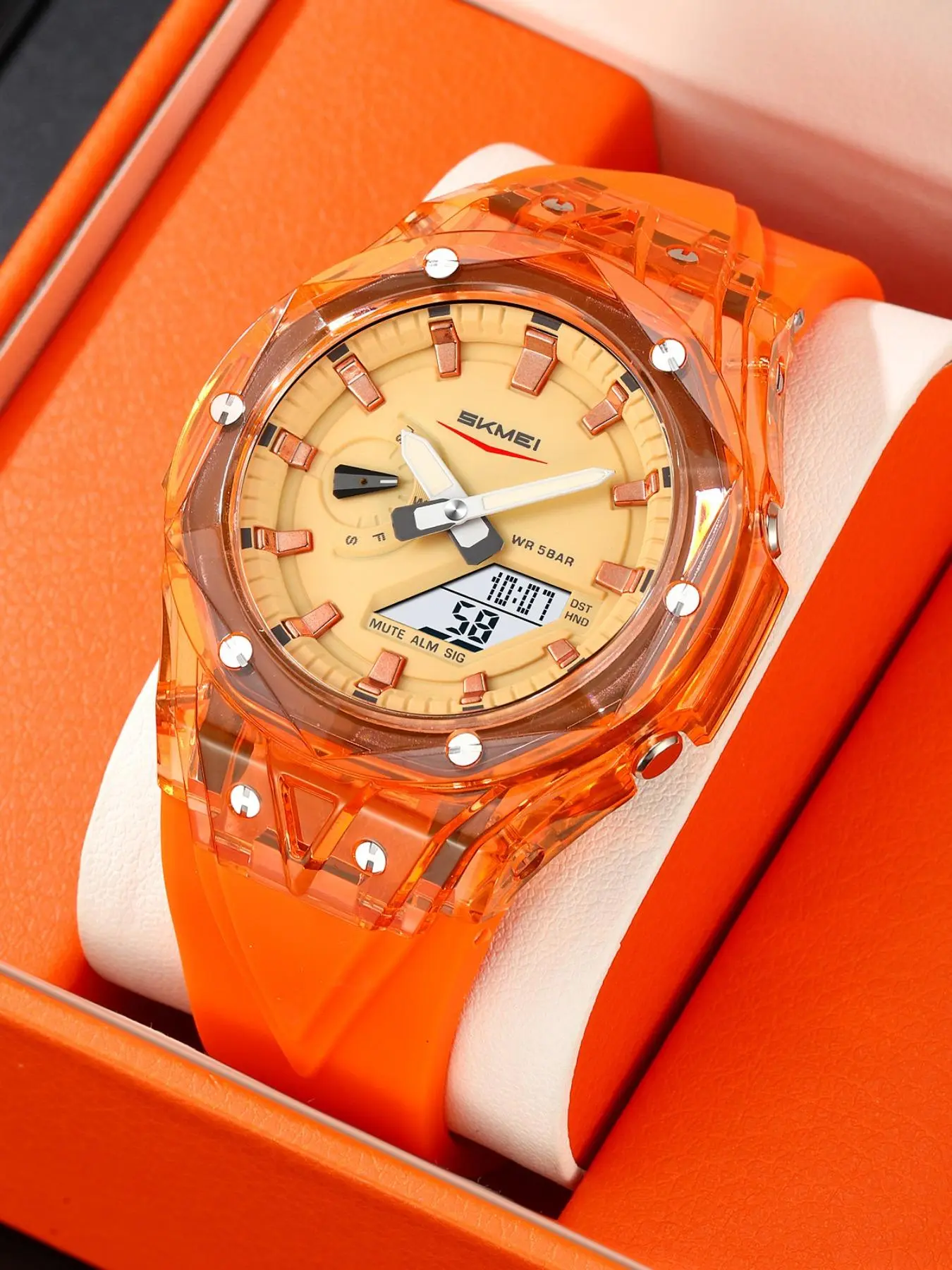 Skmei Fashion Sport Watch, Dual Display Transparent Design Colorful Strap, 5atm Waterproof, Youth Student Electronic Watch