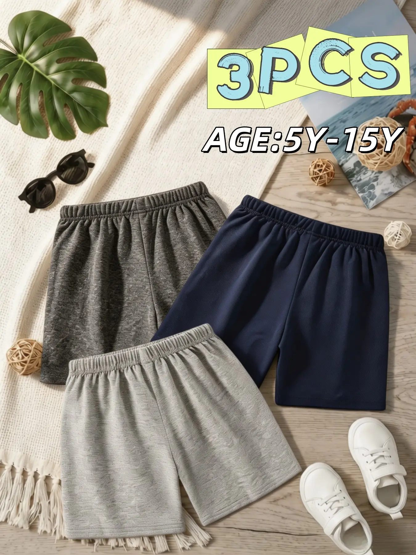 3-Pack Boys' Casual Gym Shorts, Ages 5-15, Plain Loose-Fit, Elastic Waist, Breathable, Durable, Summer Basics, Comfortable Kids Pants