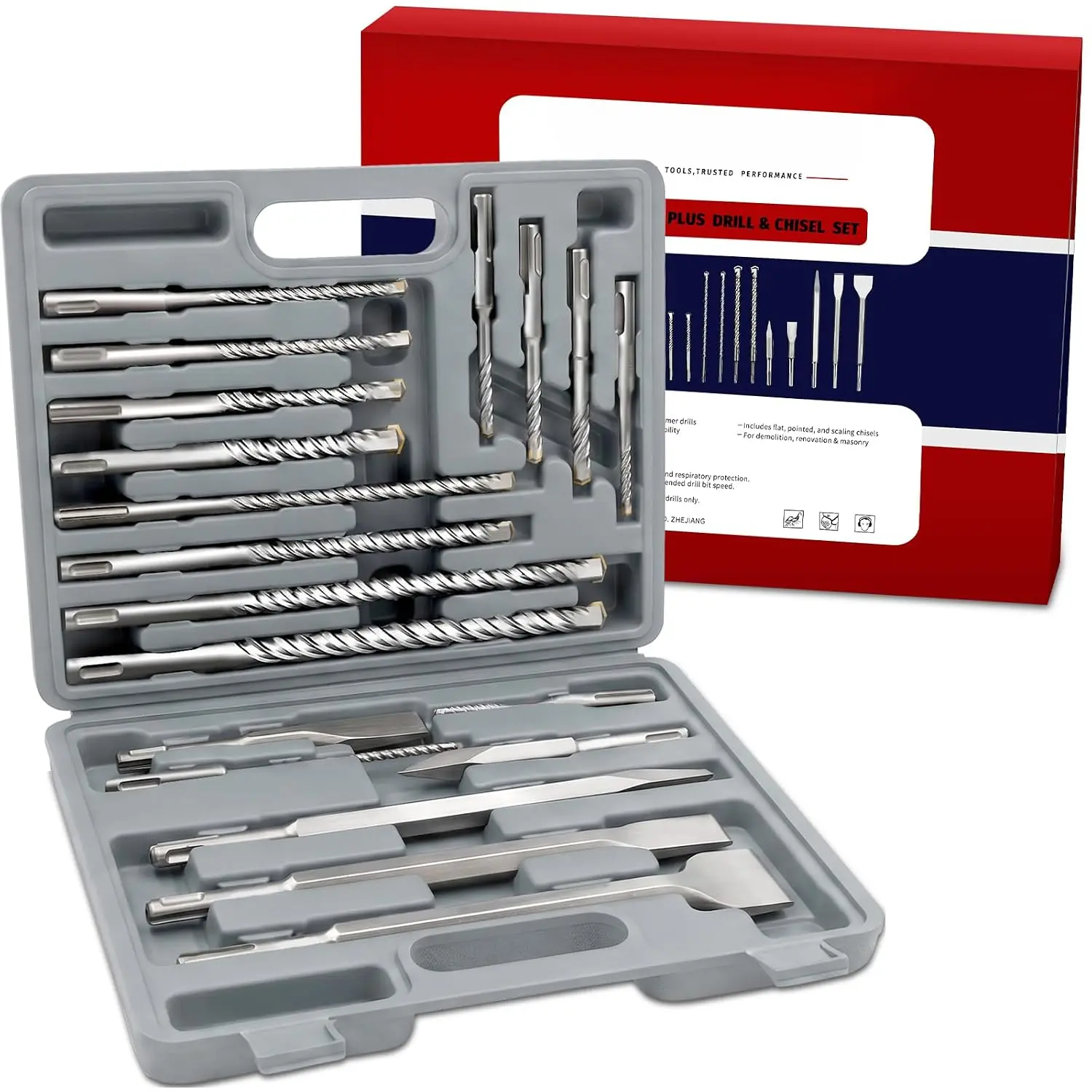 19PCS SDS Plus Flat Tip Drill Bits & Chisels Set for Concrete Straight Carbide Tip, Heavy Duty Masonry Drill Bit Set, Demolition Chisels Included, Portable Case, For Brick, Stone & Tile