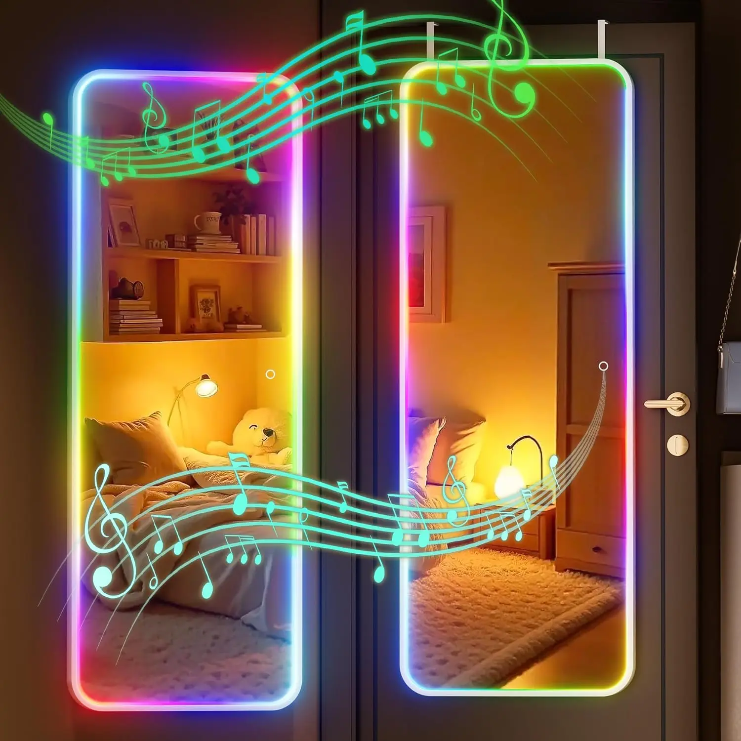 43"x16" LED RGB  Door Mirror Full Length, Full  Full Length Over The Door Mirror with Lights, Door  & Wall Mounted Mirror for Bedroom, Living Room, Cloakroom