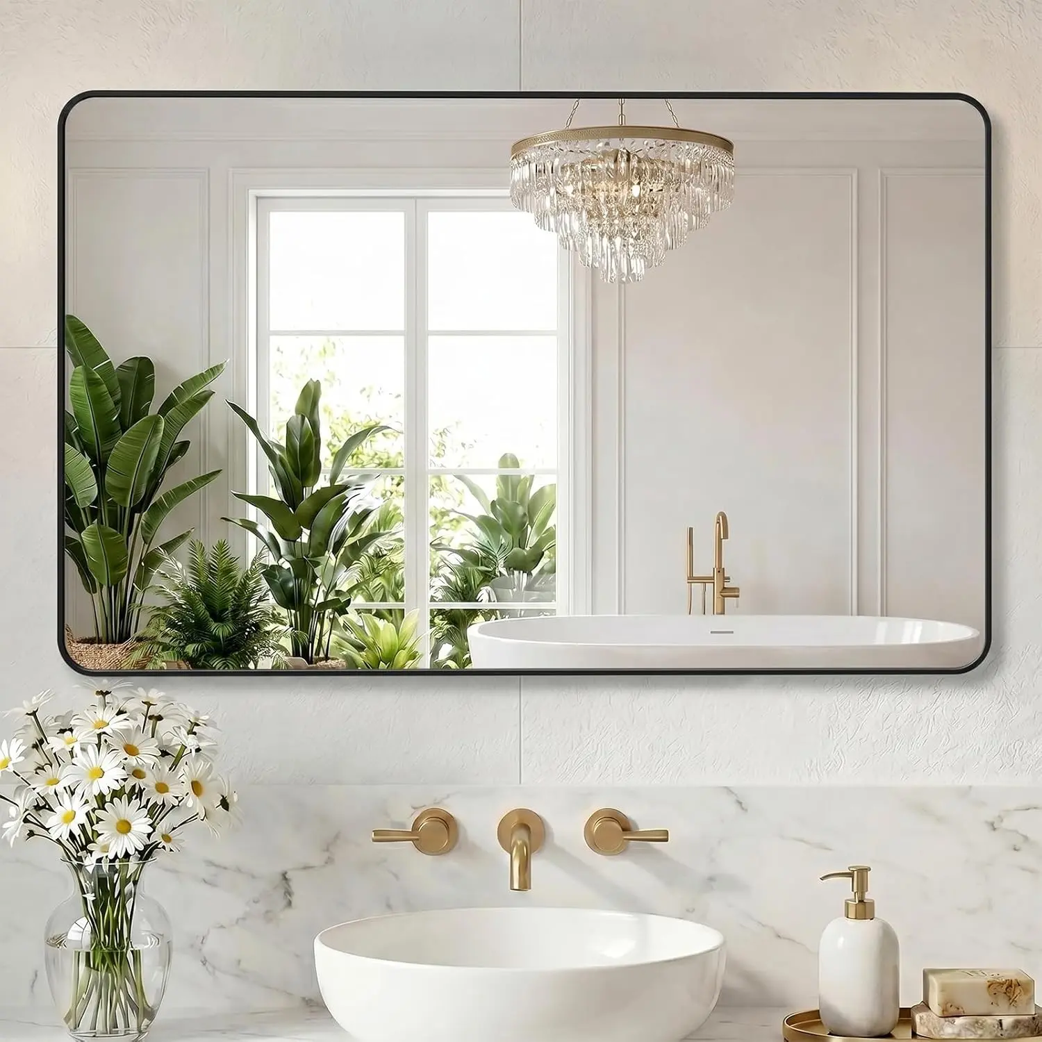 30X48 Inch Bathroom Mirror, Rectangle Wall Mirror with Rounded Corners, Black Vanity Mirrors for Bathroom Sink with Metal Frame for Bedroom, Entryway, Hangs Horizontally or Vertically