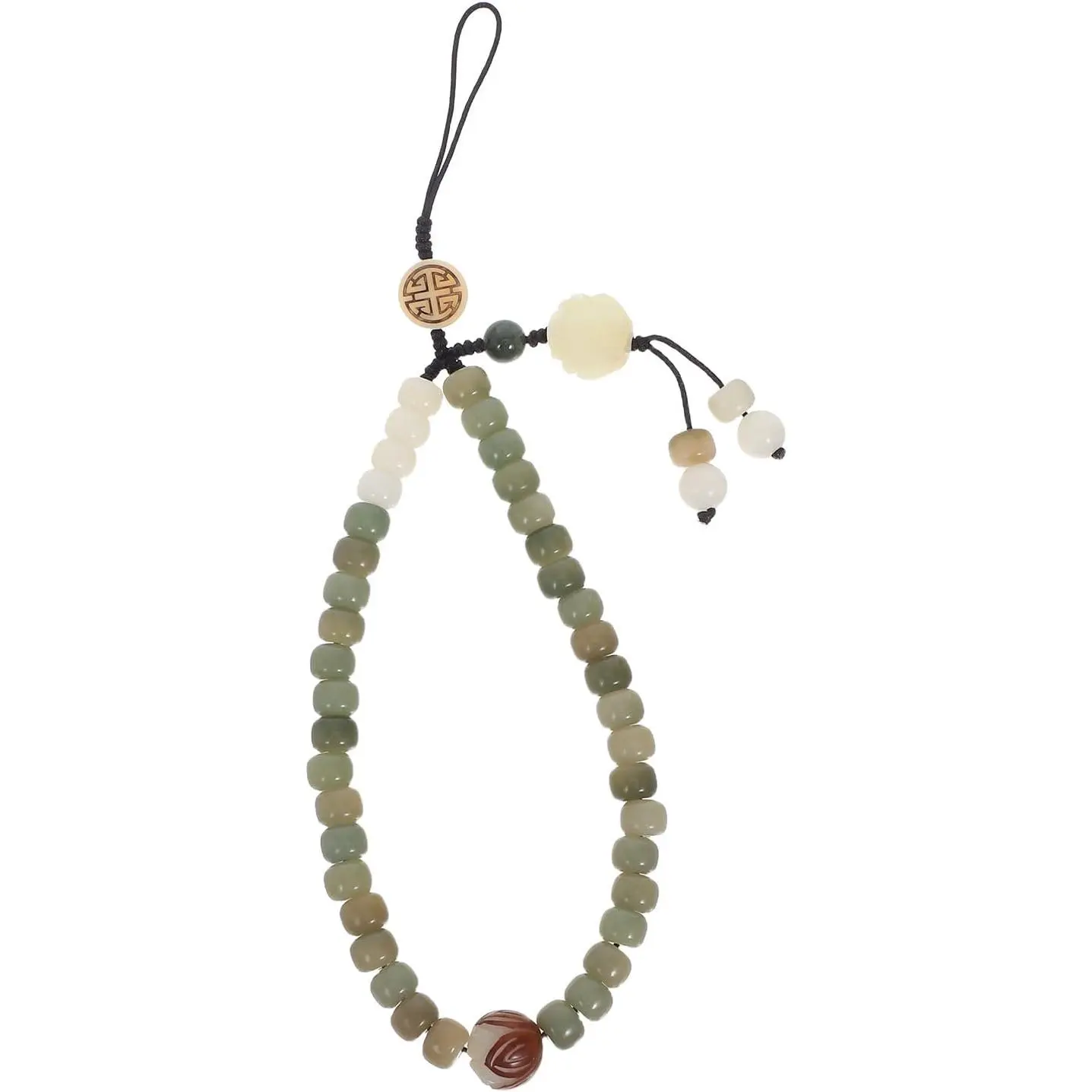 Mobile Phone Lanyard, Chinese Style,  Braided White Jade Bodhi Wristband for Mobile Phones, Backpacks, Key chains, Cameras - Jade Beaded Wrist Strap Pendant