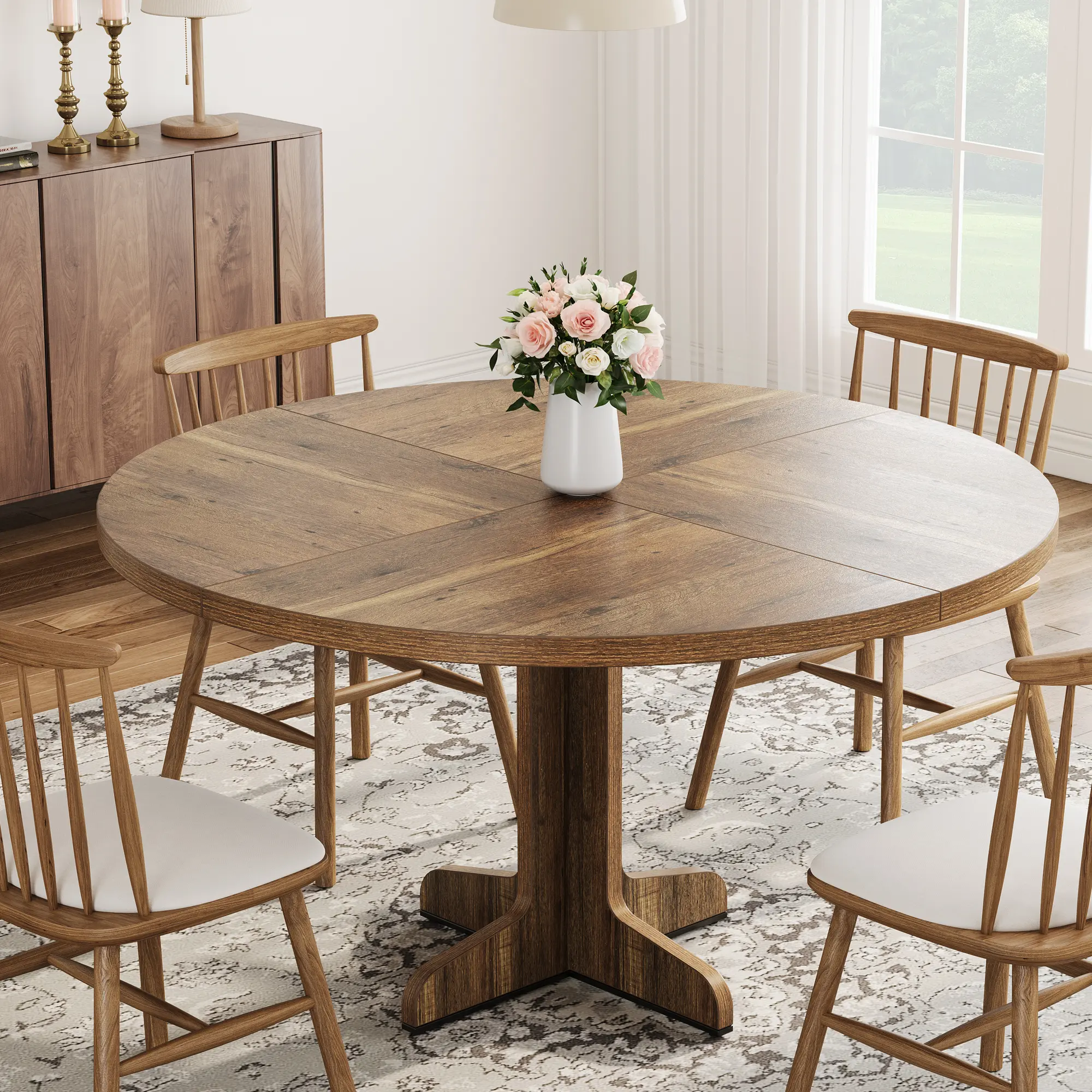 Farmhouse Round Wooden Dining Table for 4-6 – 47" Circle Table for Kitchen & Living Room – Thick Sturdy Base – Modern Rustic Style – Brown or Grey (Only Table)