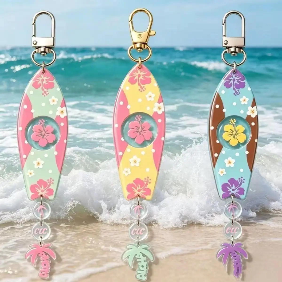 INS Hawaiian Surfboard Shaped Acrylic Keychain Set Hibiscus Flower & Palm Tree Design Keychains Jewelry