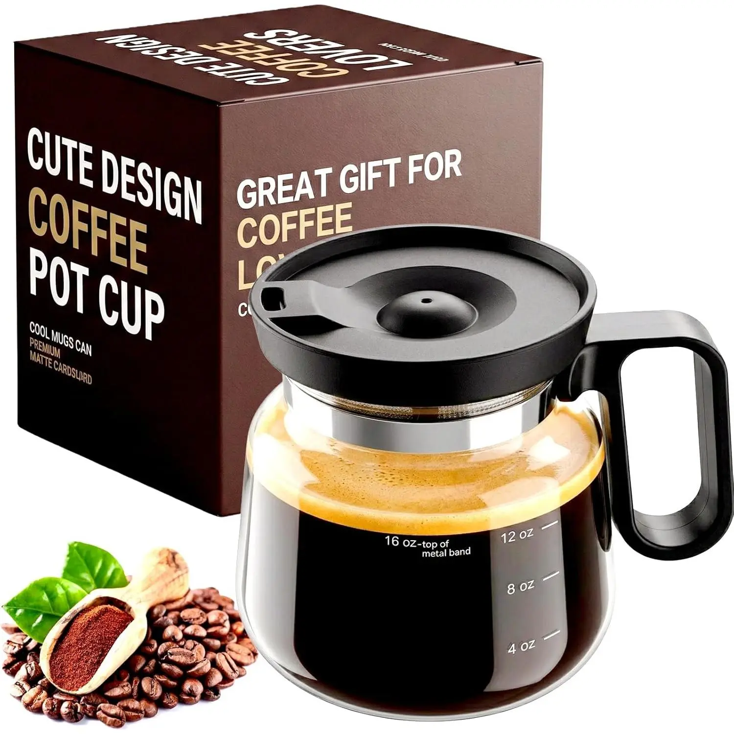 Coffee Pot Mug with Lid, 16oz Glass Mini Coffee Pot Cup, Heat-Resistant Clear Travel Mug, Spill-Resistant Novelty Coffee cup for Office Desk & Coffee Lovers gift
