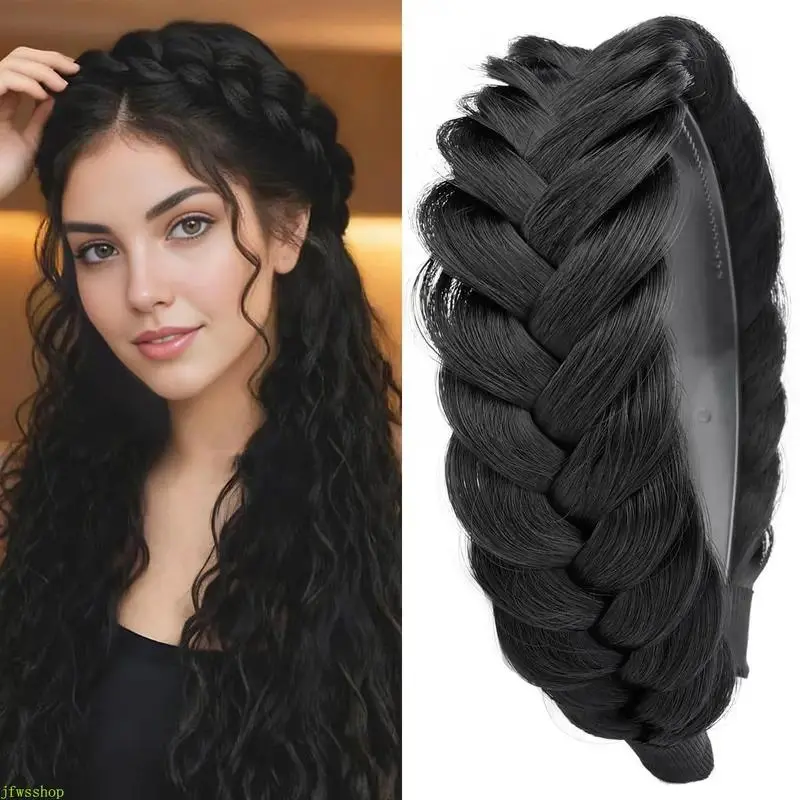 Women's Wide Fishtail Braided Headband With Teeth, Chunky Plait Synthetic Fiber Hairpiece. High Elasticity Elastic Band, Unisex One Size, Medium Brown Color, Cute Y2K Coquette Style Hair Accessory For Daily Wear,sohochic