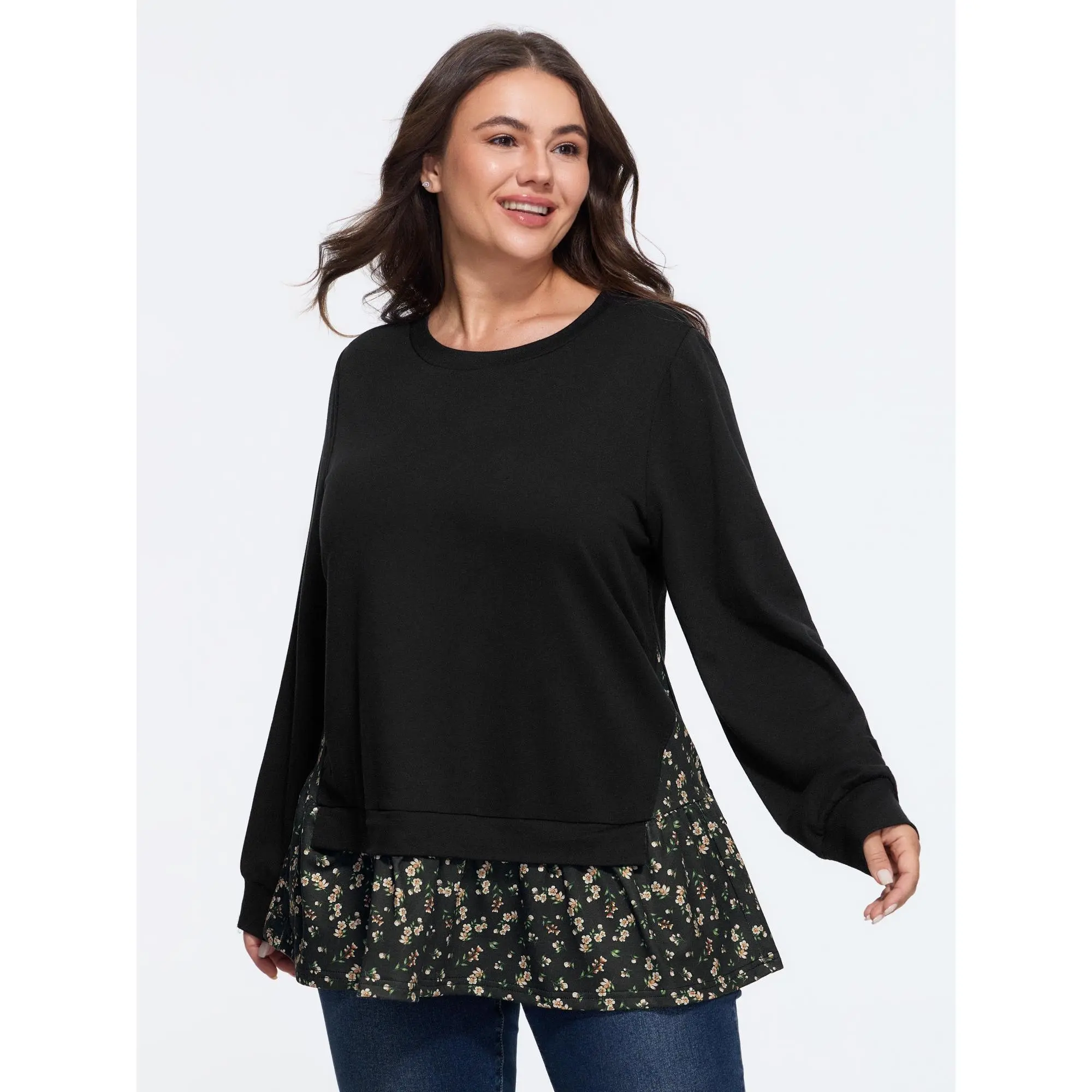 BLOOMCHIC Plus Size Round Neck Floral Ruffle Hem Patchwork Sweatshirt