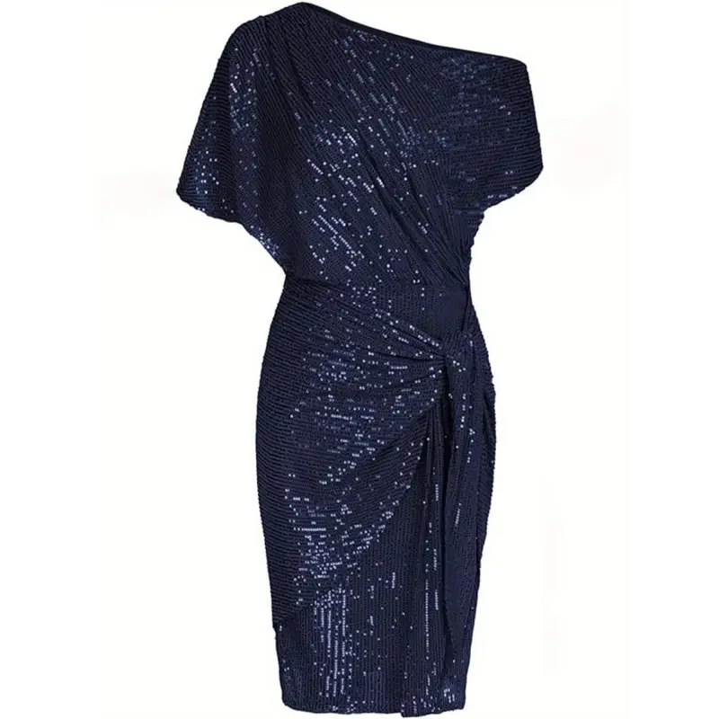 Elegant One-Shoulder Sequin Wrap Dress for Women - Chic Ruched Bodycon with Tie Front, Glittery Paneled Detail, for Cocktail Parties & Club Events