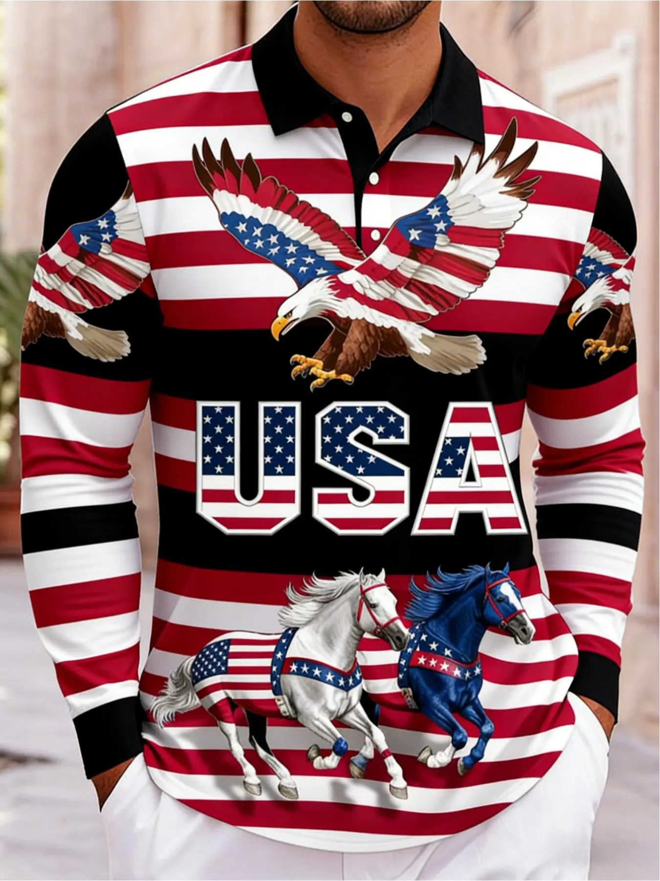 American Flag Pattern Long Sleeve Polo Shirt, Independence Day Theme Unisex Casual Top, Fashion Patriotic Striped Design, Spring & Fall Wear, Graphic Polo Shirts