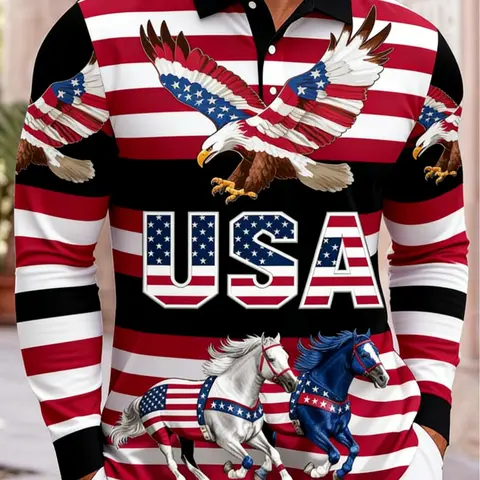 American Flag Pattern Long Sleeve Polo Shirt, Independence Day Theme Unisex Casual Top, Fashion Patriotic Striped Design, Spring & Fall Wear