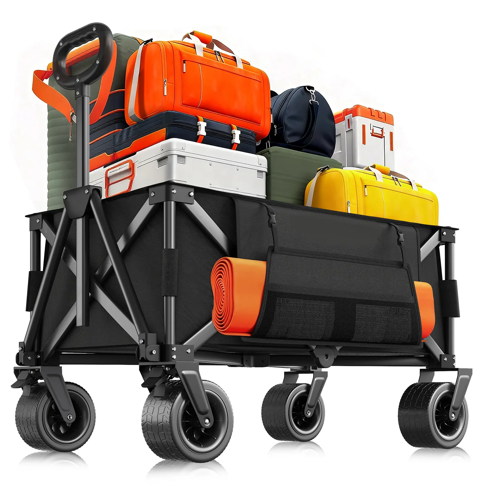 Heavy Duty Collapsible Utility Wagon Cart - 280L, 460LBS/200kg Large Capacity, 8-Inch All-Terrain Wheels with 360° Swiveling Front Wheels, 600D Oxford Fabric, Cup Holders, Side Pocket for Shopping, Beach Day, Home Storage