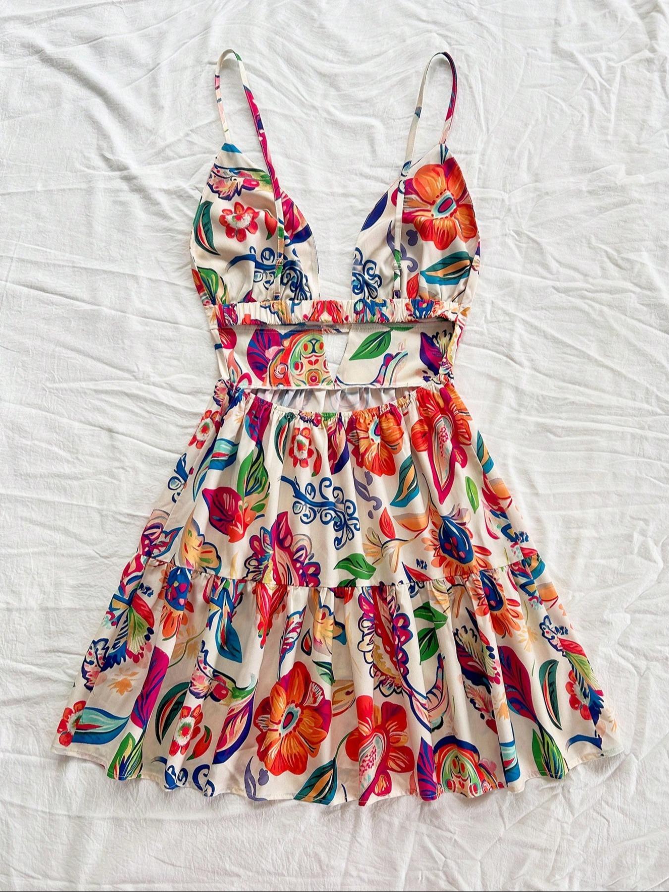 Women's V-Neck Backless Mini Dress, Animal and Floral Print Woven Summer Holiday Style, Perfect for Beach and Spring Fashion, Casual Wear Women's V-Neck Backless Mini Dress, Animal and Floral Print Woven Summer Holiday Style, Perfect for Beach and Spring Fashion, Casual Wear