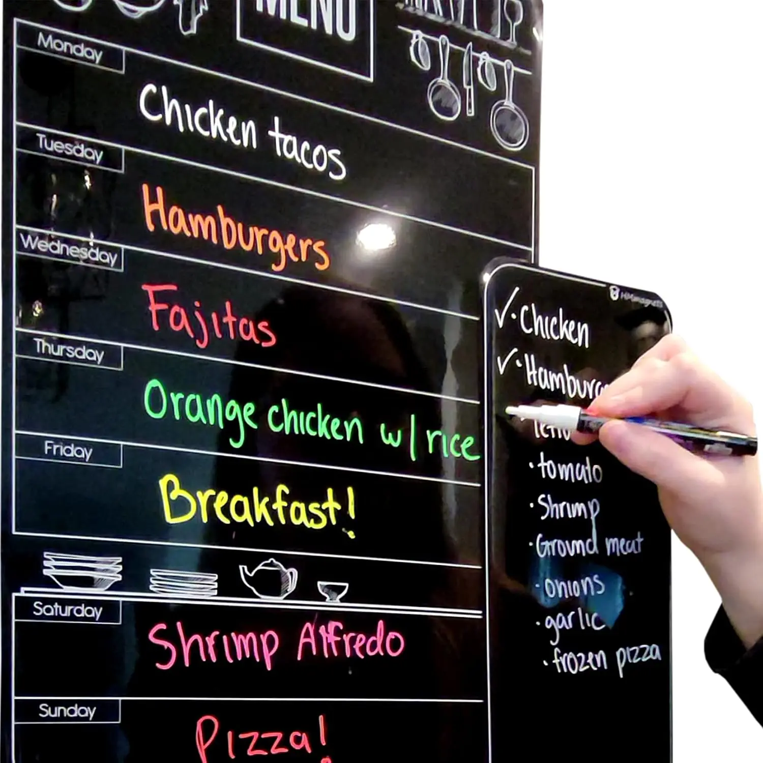 10"x16" Dry-Erase Weekly Menu Kitchen Board - Fridge Mount, 8 Bright Chalk Markers, Free Bonus Grocery Lists & To-Do Lists Board, Daily Dinner Meal Planner Set