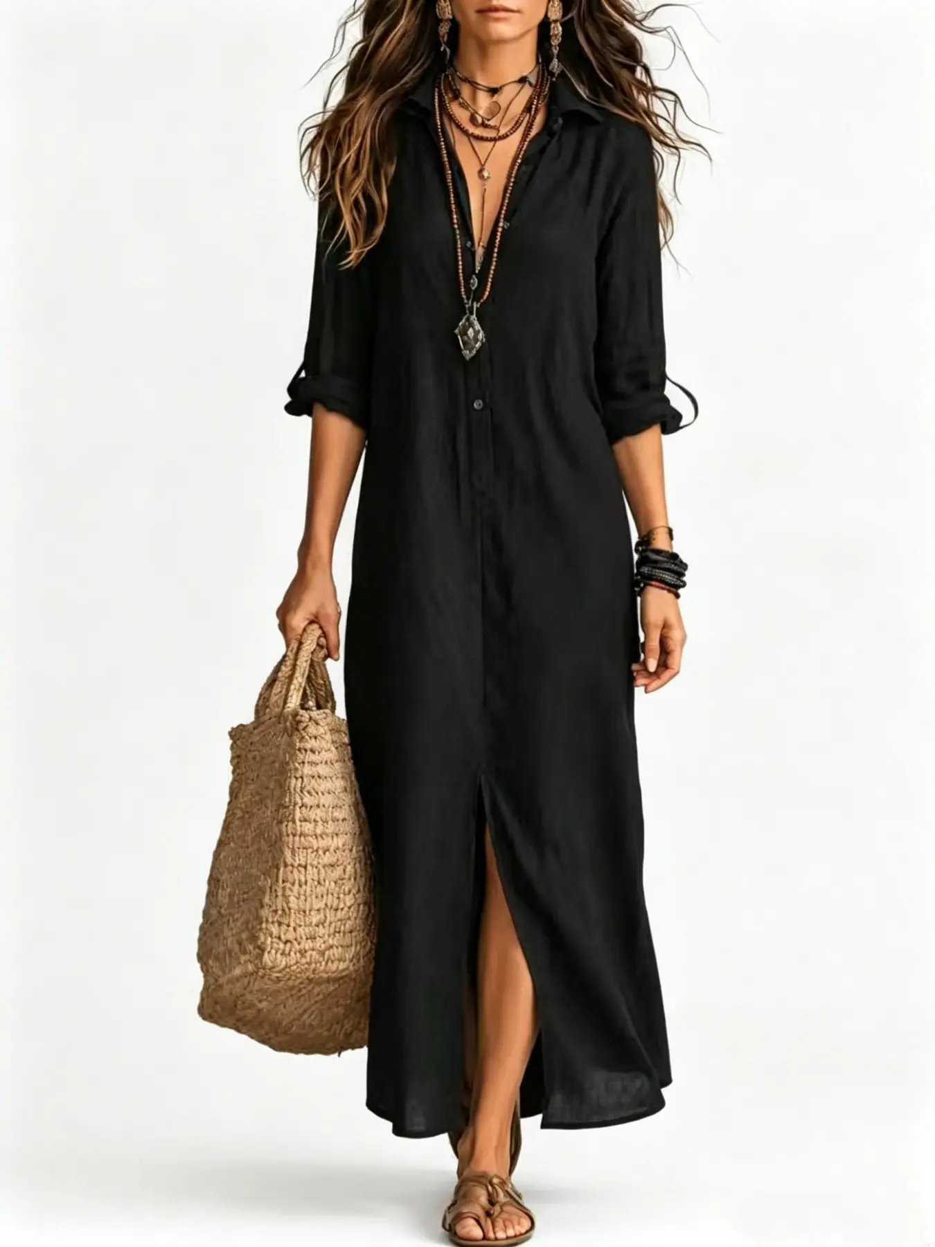 Women's Cotton Texture Shirt Dress, Long Sleeve Roll-Up Design, Split Hem Style, Casual Boho Chic Wear, European & American Fashion