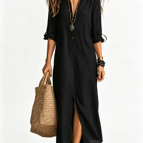 Women's Cotton Texture Shirt Dress, Long Sleeve Bohemian Boho Style, Rollable Sleeves, Split Hem, Casual All-Season Wear, Plain Surface