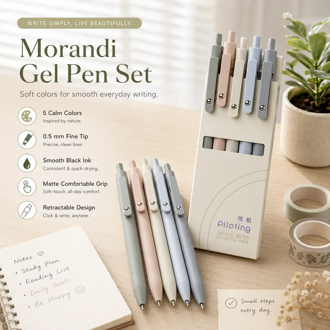 5 Pack Retractable Gel Pens, 0.5mm Fine Point Black Ink Pens, Low Center of Gravity Ballpoint Pens with Soft Touch ABS Barrel, Quick Dry Smooth Writing Office School Supplies, Morandi Neutral Colors