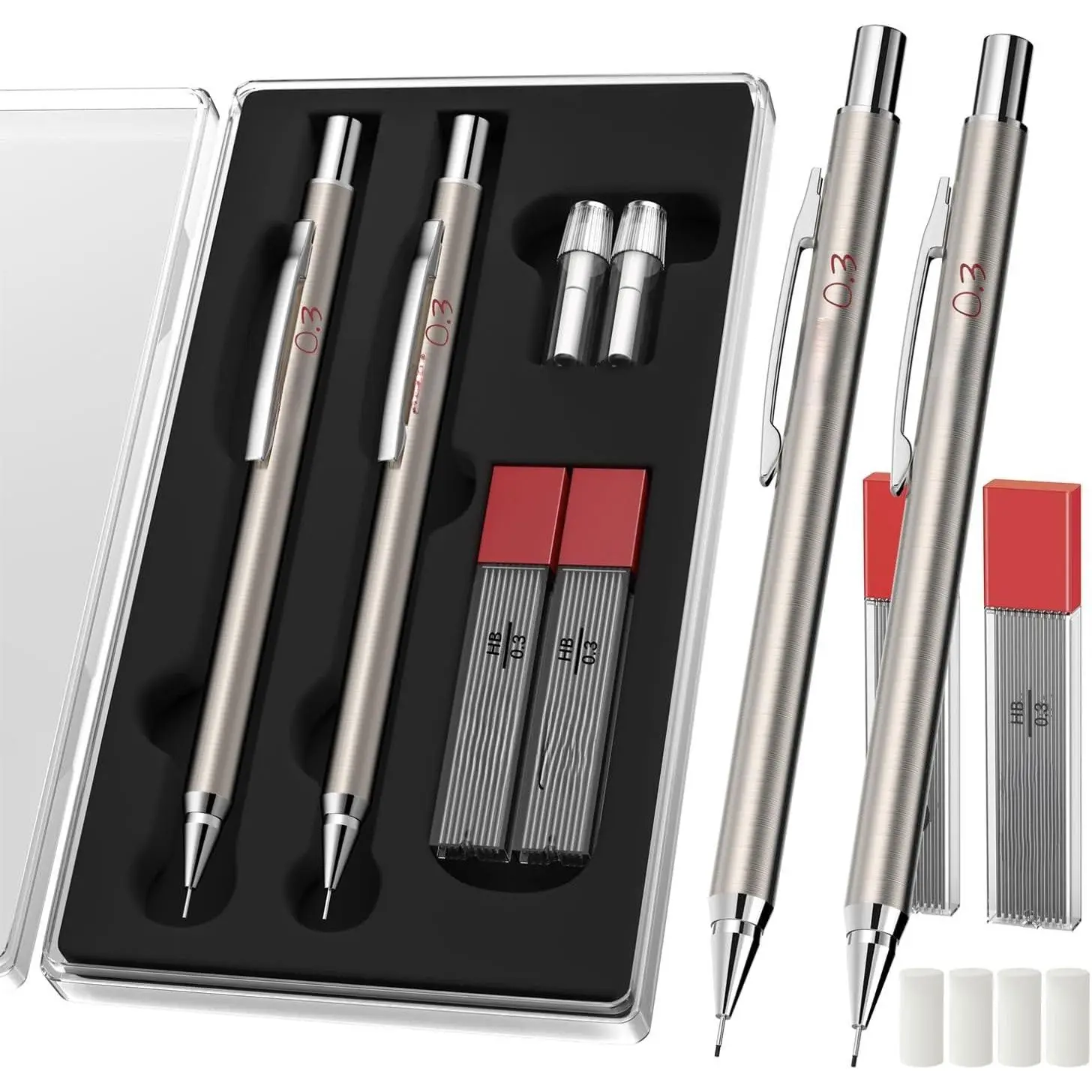 Metal Mechanical Pencil Set with Lead Refills & Erasers, 2 Pack| 0.3mm, 4x Tubes HB Lead Refill, 4x Eraser Refills for School Supplies, Note Taking, Drawing, Sketching, Office