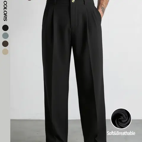 Men's Classic Old Money Solid Color Suit Pants, Elastic Waist Wide Straight Leg Pleated Business Office Pants for Summer, Fall and Spring, Suitable for Work, Daily Life and Formal Occasions