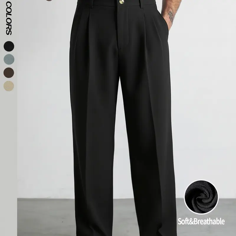Men's Classic Old Money Solid Color Suit Pants, Elastic Waist Wide Straight Leg Pleated Business Office Pants for Summer, Fall and Spring, Suitable for Work, Daily Life and Formal Occasions