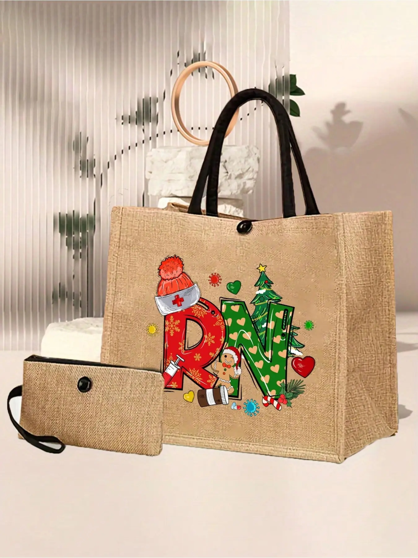 Elegant Nurse Christmas Handbag and Coin Purse, Lightweight Hemp Shopping Bag, Perfect Gift for Healthcare Workers, Nurses, Doctors
