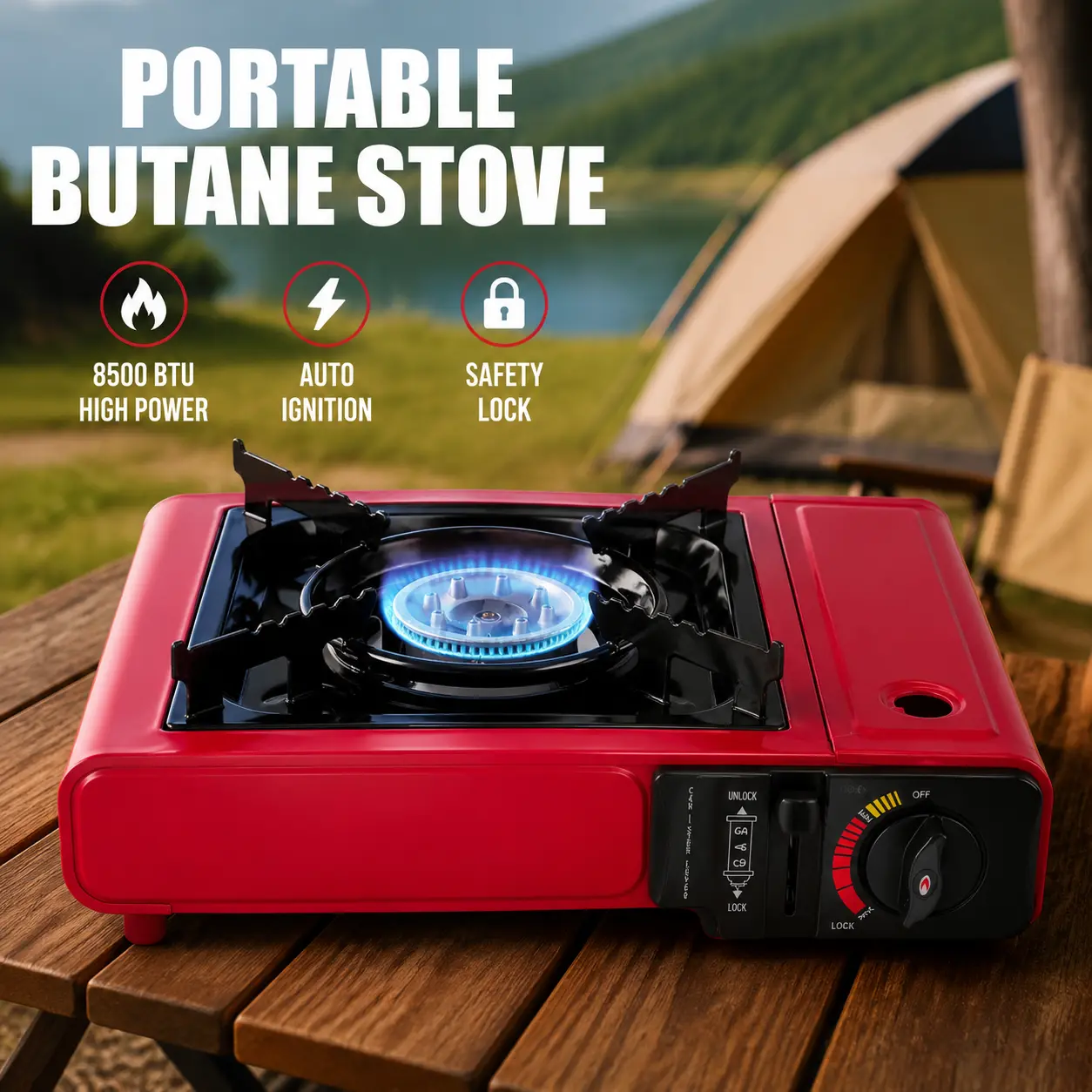 Portable Butane Gas Stove, Lightweight Red Single Burner with 8500 BTU, Auto Ignition, and Safety Lock for Outdoor Cooking & Camping, Lightweight Stove, Compact