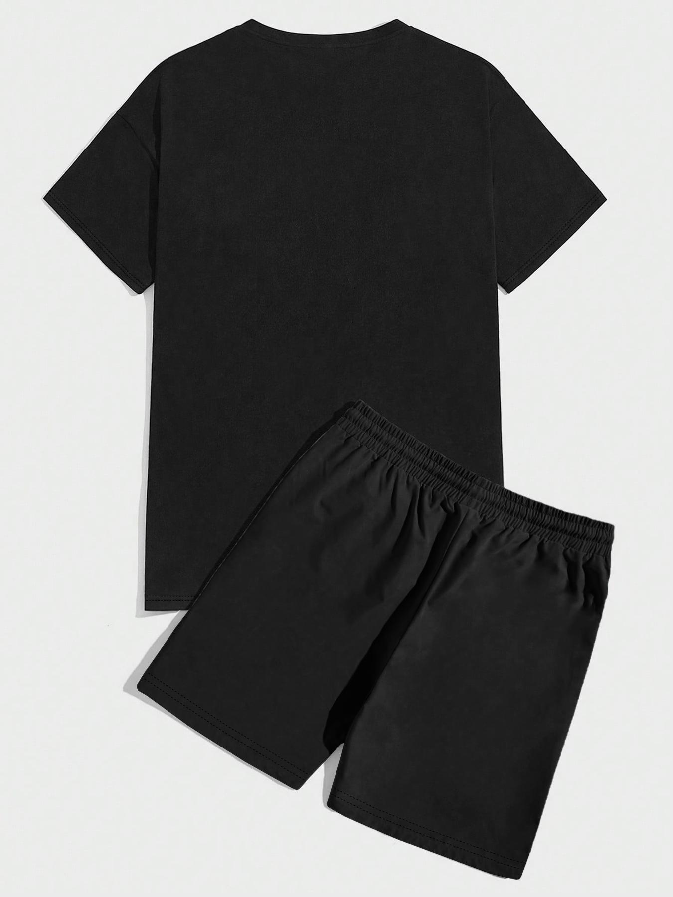 Two-piece Set Men's Bear Print Short Sleeve Tee & Shorts, Regular Fit Casual Round Neck T-shirt & Shorts, Men's Summer Clothes for Daily Wear, Loungewear, Shorts Pajama Set