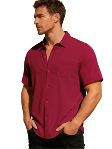 Summer men's casual loose and breathable lapel cardigan towel jacquard short sleeved shirt