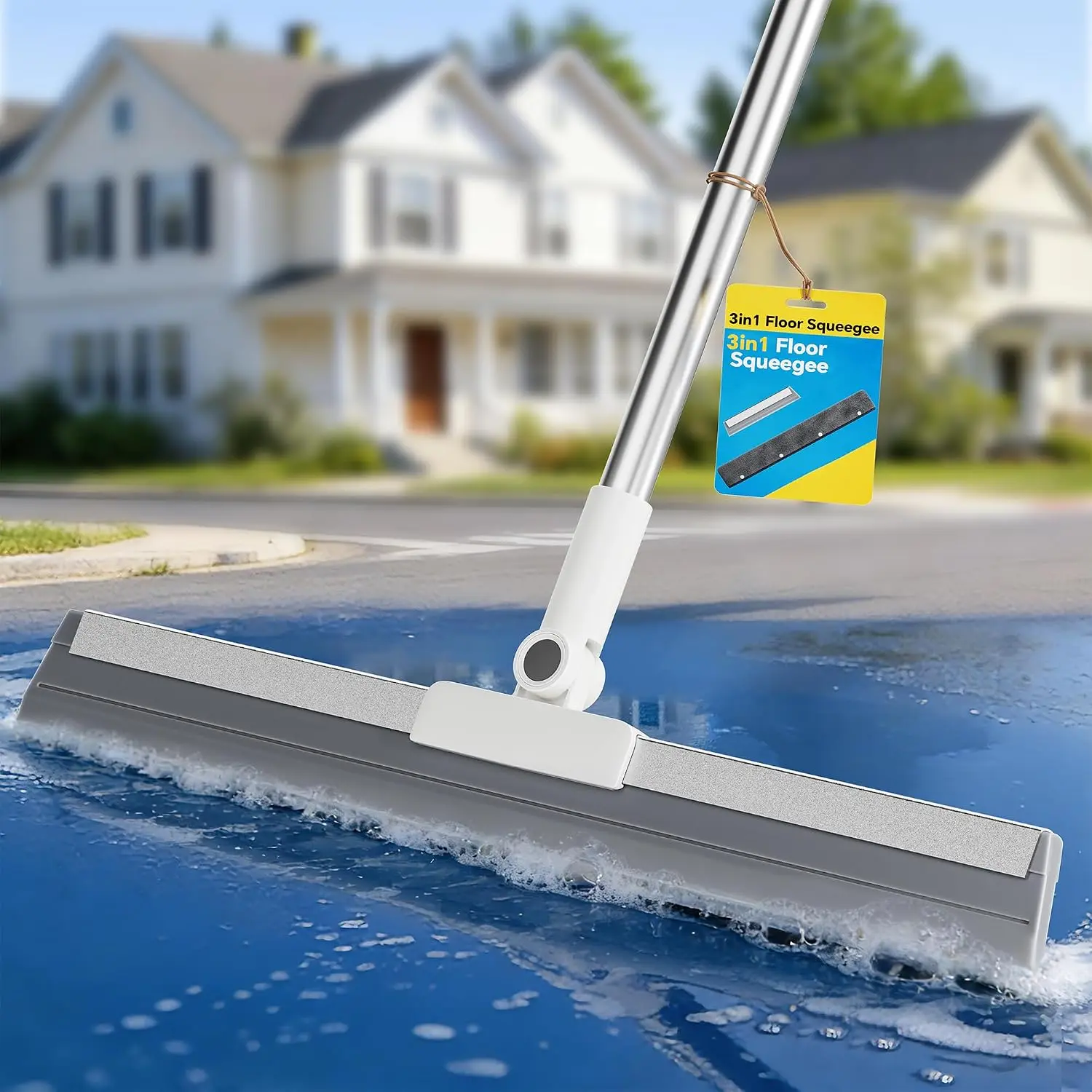 Floor  Broom with Long Handle, Heavy Duty Rubber  Kit,  for Tile Floor, Garage, Concrete with 2  Heads & 1 Cloth (3-in-1 Set)