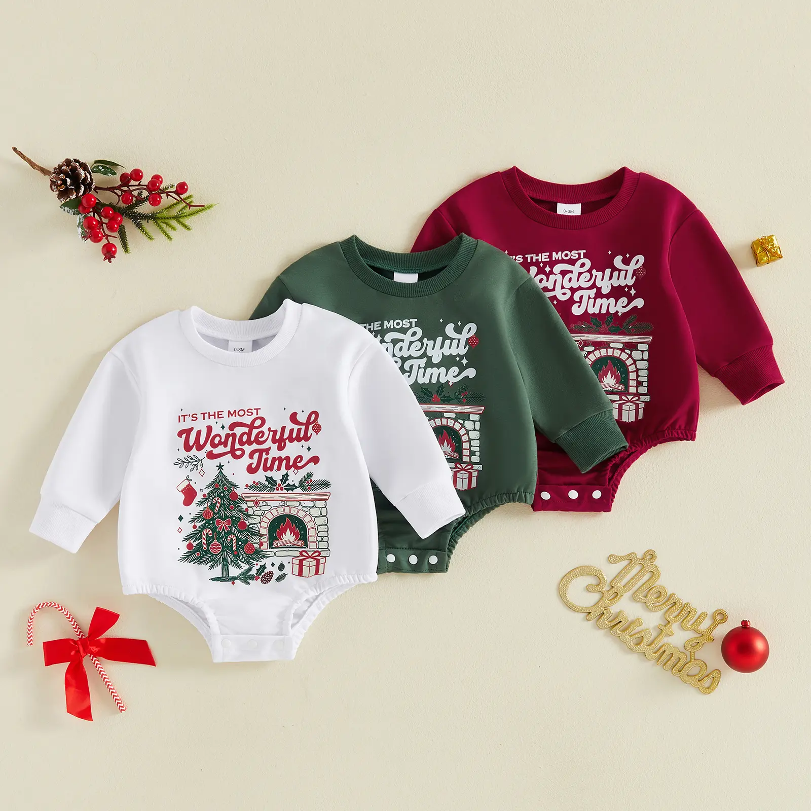 Infant Baby Girl Boys Bubble Romper Xmas Print Long Sleeve Sweatshirt Romper Christmas Tree Jumpsuit 0-18 Months