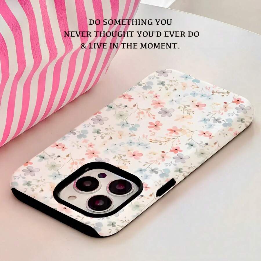 Light Pink And Light Blue Small Floral Patterns Two-In-One Texture Phone Case Suitable For Compatible With Iphone16, 15, 14, 13, 12, 11, PRO MAX,PLUS,As Well As , Galaxy Compatible with Samsung Galaxy S25