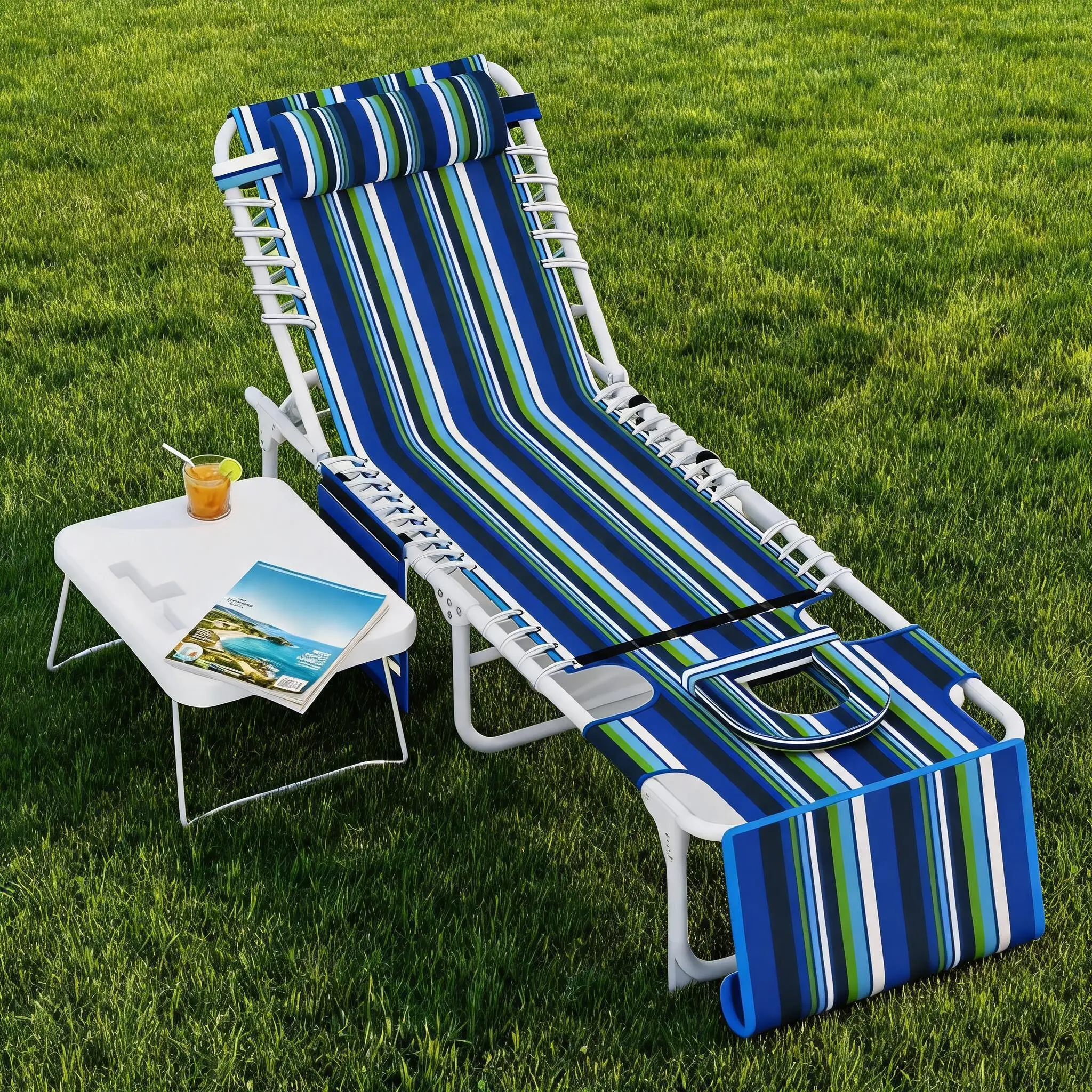 Folding Sun Lounger with Face Hole for Tanning, 5-Position Adjustable Reclining Beach Chair with Side Table & Carry Strap