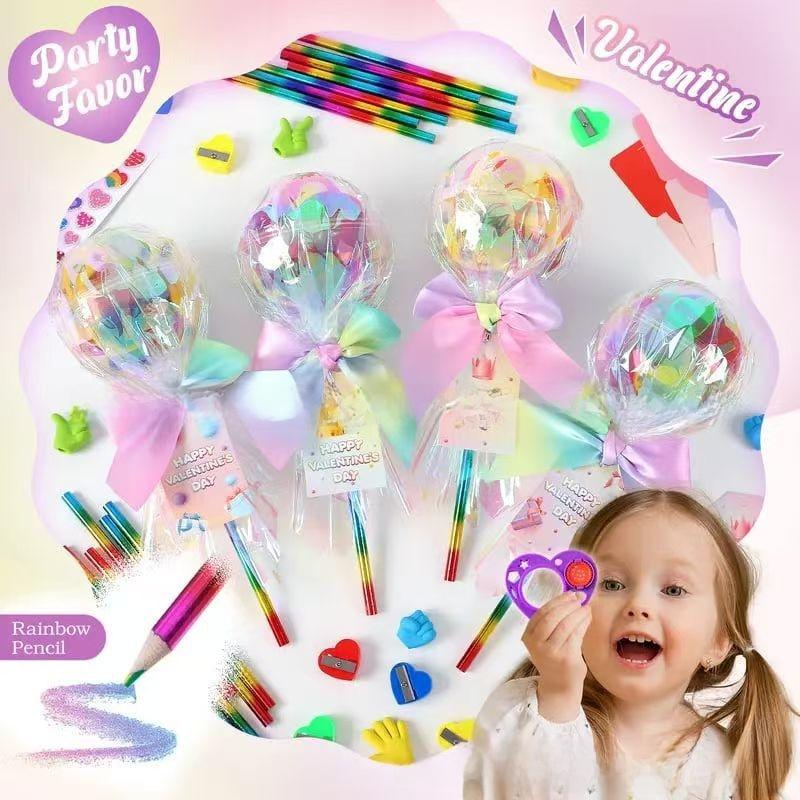 Party 24-Pack Giant Lollipop Valentine's Day Set with Rainbow Pencils & Candy Lollipop-Shaped Containers for School Parties & Classroom Gifts Perfect for Boys and Girls Christmas Stationery Kids Halloween Sticker Eraser Stamper Heart Card