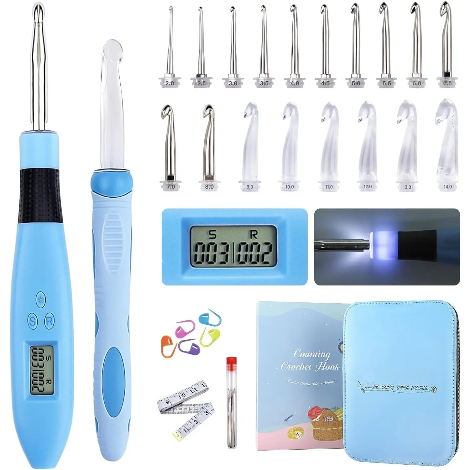 Light up Crochet Hook Set, 18in1 Lighted Crochet Hook Set | 18 Interchangeable Heads(2.0-14.0mm),  & Row Counter, 2 LED Modes,  Design, Crochet  Gifts