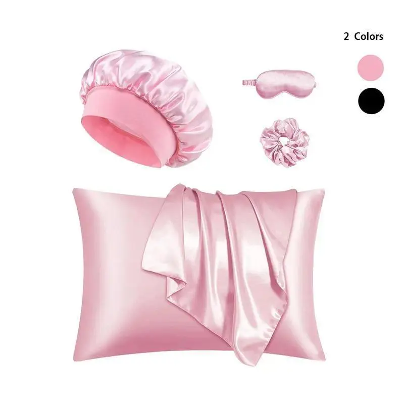 Women’s Luxury 5-Piece Polyester Satin Sleep Matching Set - Daily Nightwear with Hair Bonnet, Silk Sleep Mask & Pillowcase, Soft Smooth Lightweight Self Care Bedroom Gift, Matching Sets