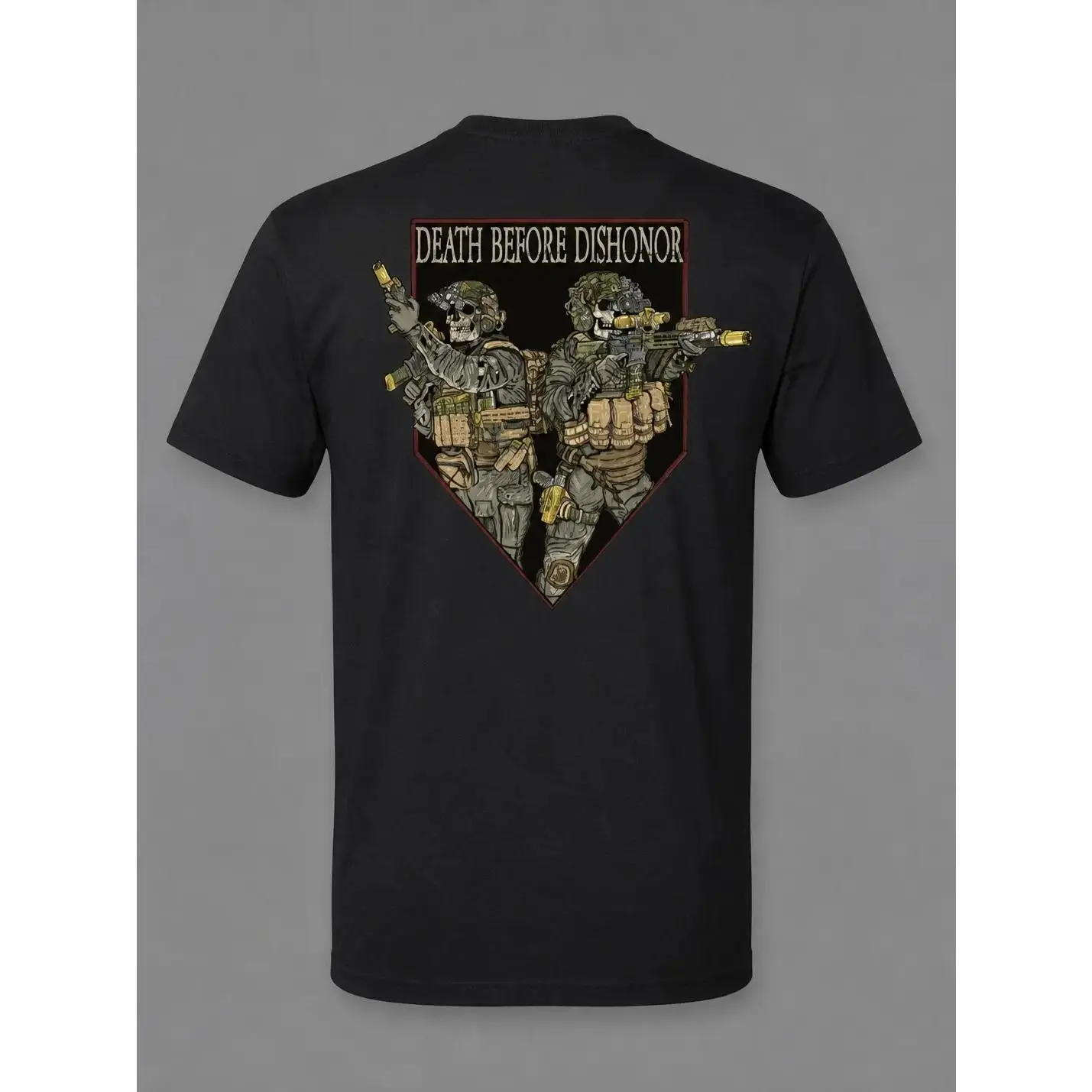 Death Before Dishonor Tactical T Shirt Featuring Dual Special Forces Operators With Rifles And Night Vision Gear, Tactical Military Streetwear Design Showcasing Brotherhood Honor And Combat Readiness
