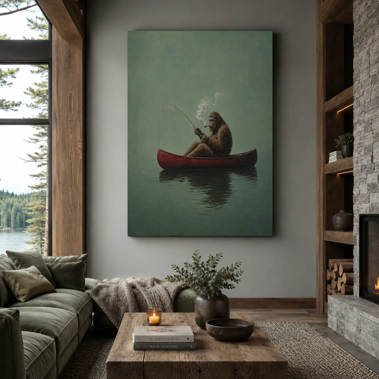 Sasquatch Fishing Vintage Poster, Sasquatch in Canoe Wall Art, Western Wall Art, Wall Decor for Home Living Room Bedroom Office, Home Decor, Photo Decoration Wood