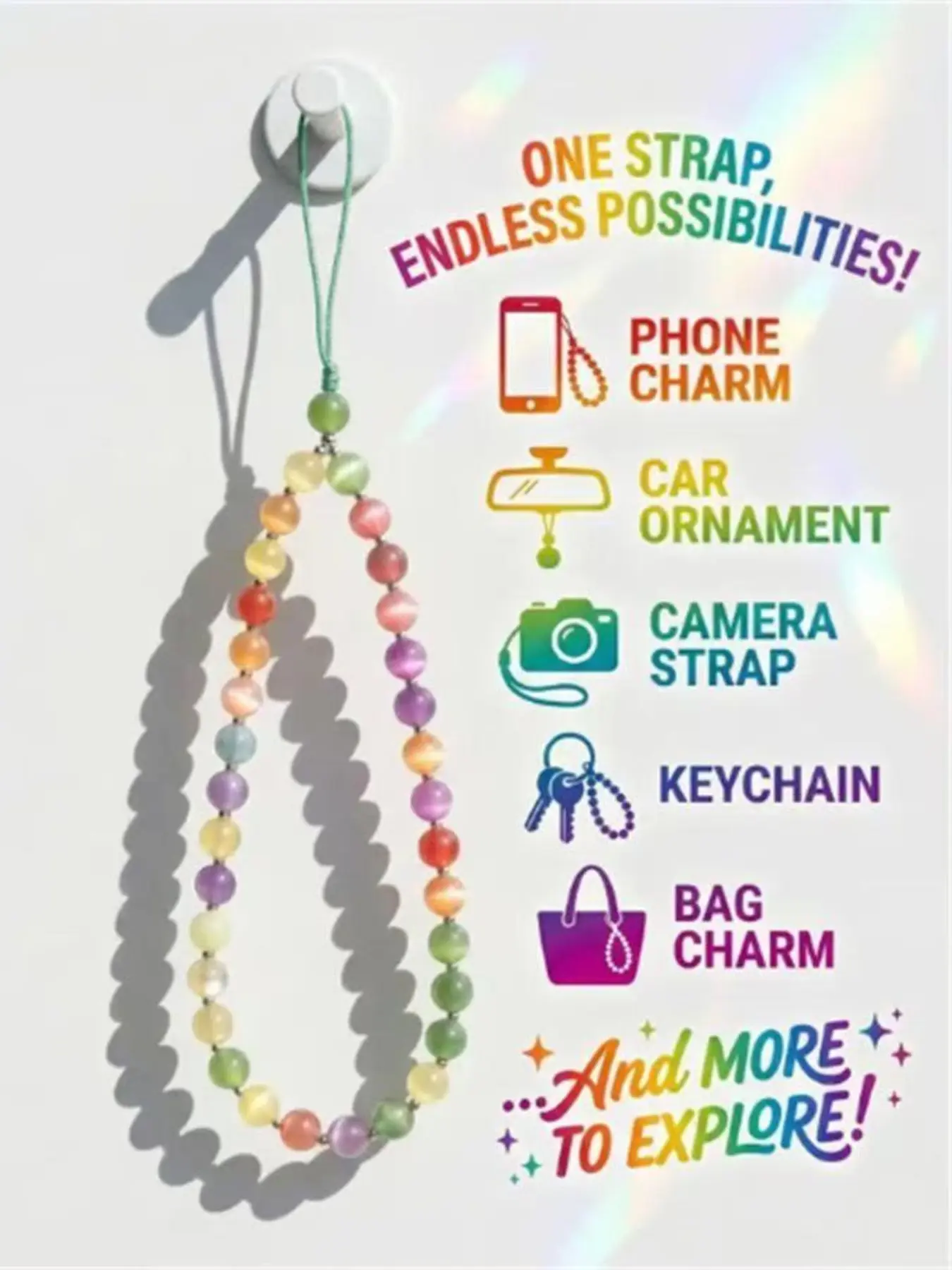 Dopamine Phone Charm, Rainbow Bead Phone Strap, UV Reactive Decorative Keychain, Camera Bag Pendant, Summer Accessory