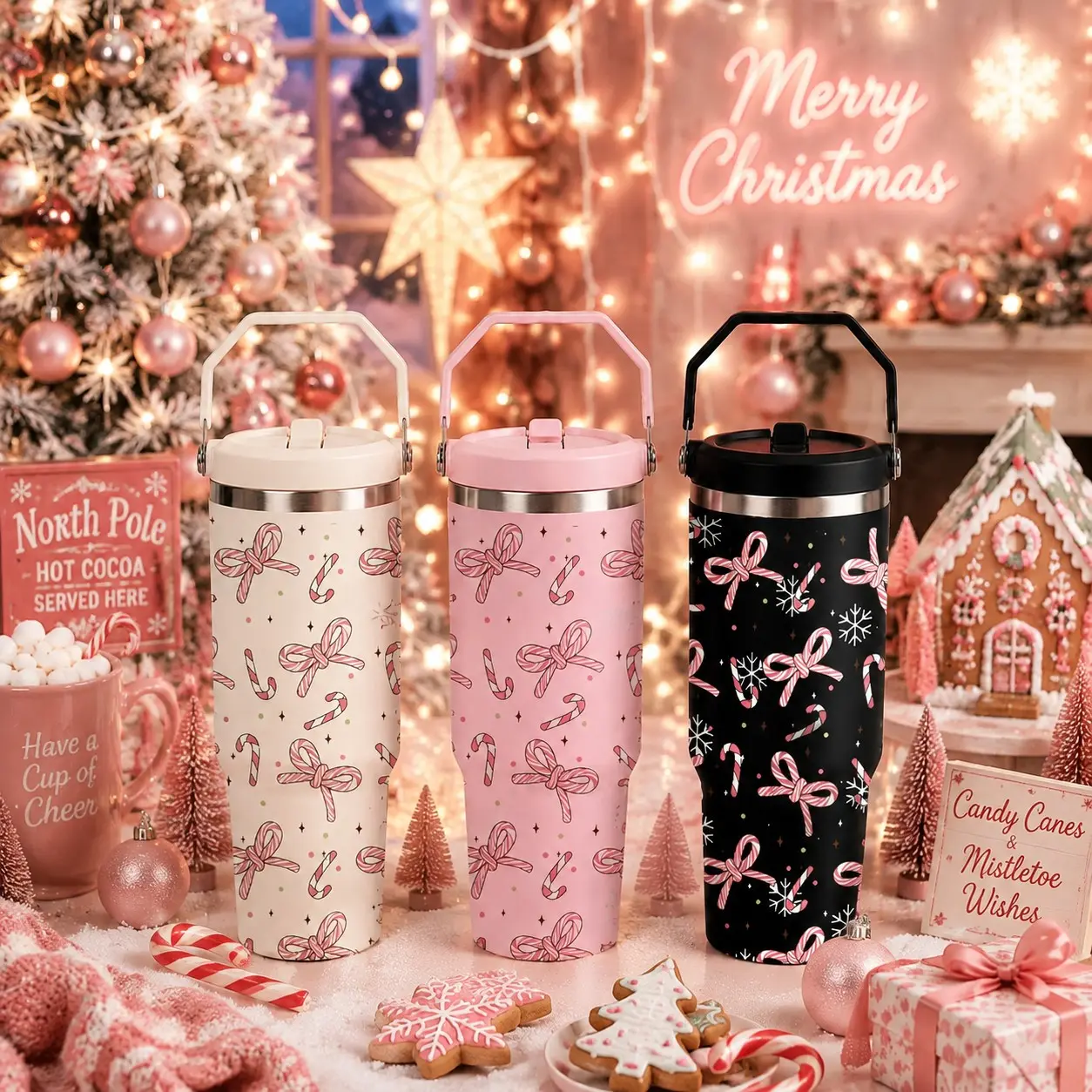 30oz Christmas Tumbler with Handle, Cute Candy Cane Bow Print Insulated Cup, Pink Holiday Coffee Cup, Cozy Xmas Aesthetic Travel Mug, Festive Winter Drinkware, Secret Santa Gift, Stocking Stuffers, Christmas Gift Ideas for Friends & Family