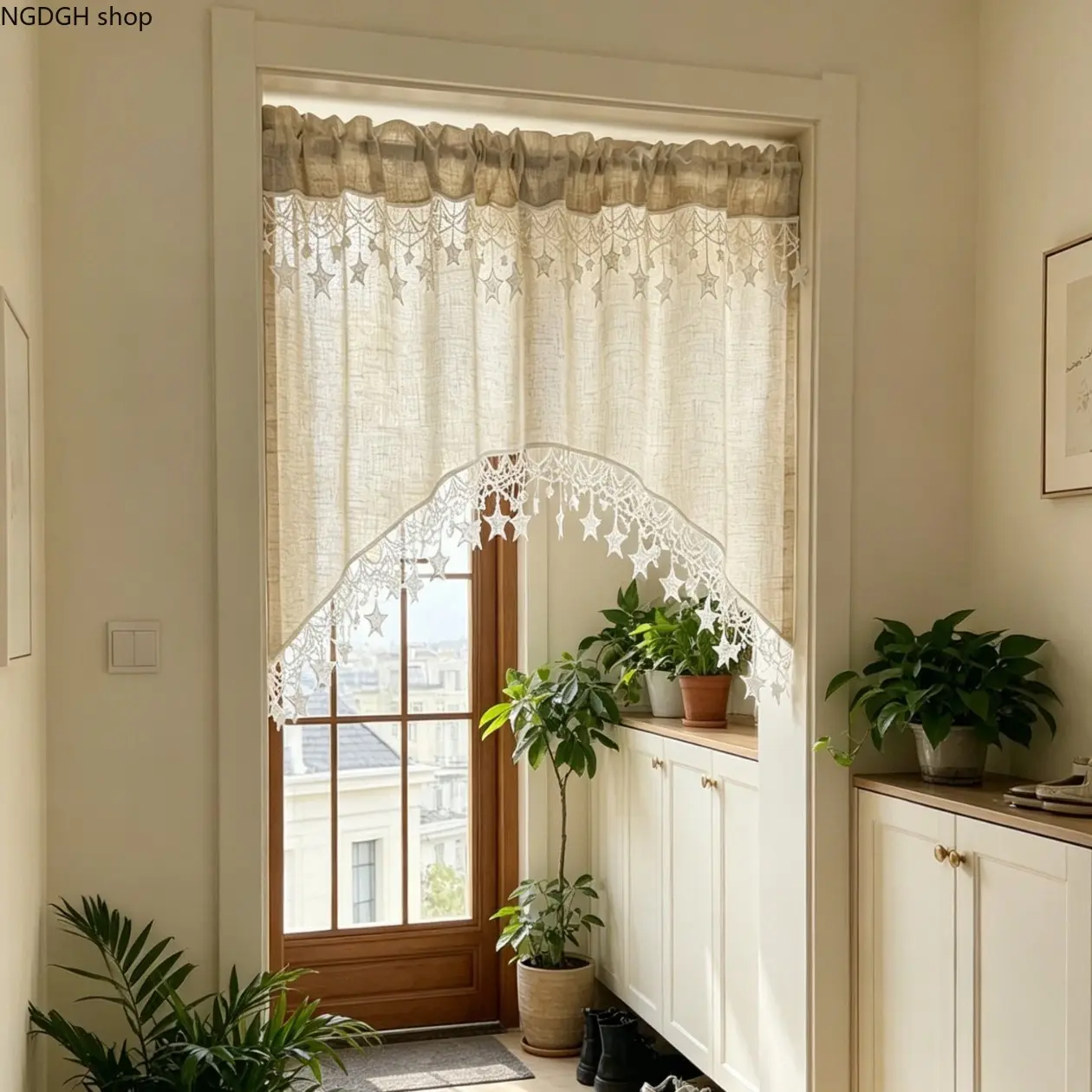 Lace Valance with Stars - Cream Red Checkered Window Topper Curtain, Tassel Trim Farmhouse Kitchen Valance, Elegant Rustic Sheer Curtain for Small Windows, Sporty Sports Clothing Sets
