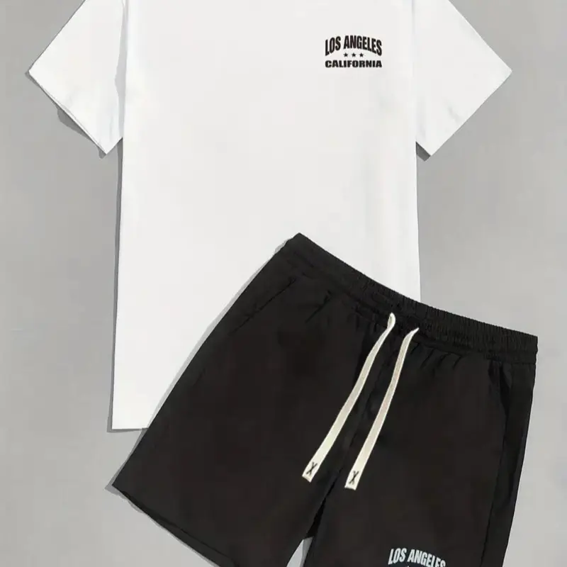 2-Piece Men's Letter Print Summer Set, Regular Fit Crew Neck Short Sleeve Tee & Drawstring Waist Pocket Shorts, Streetwear, Casual Outfit for Daily Outdoor Back To School, Menswear, Two Piece Set