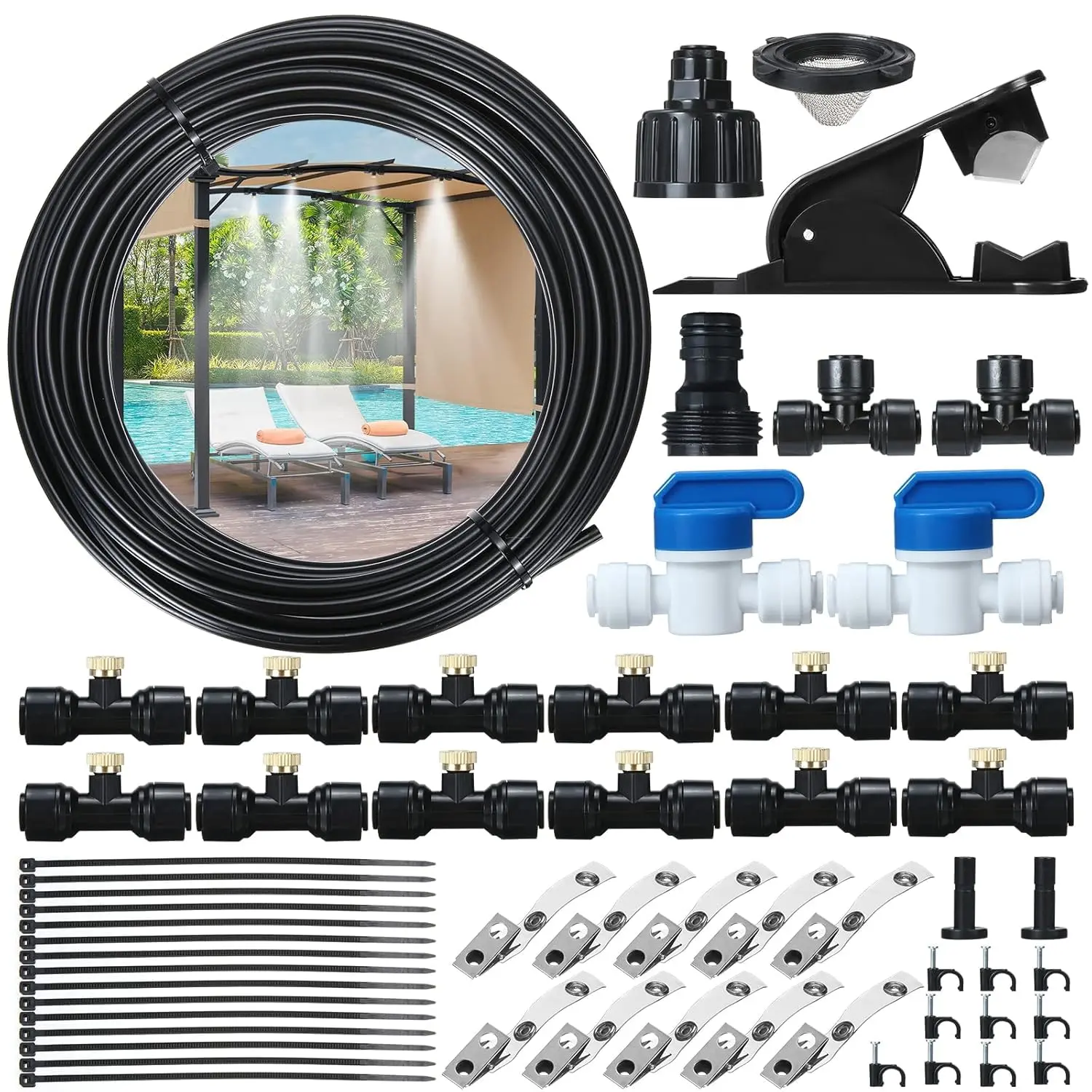 Patio Misting System, DIY Outdoor Water Mister Cooling Kit | 50FT Leak-Proof Hose with 12 Brass Nozzles, 3/4 Faucet Adapter & 2 Shut-off Valves for Garden, Gazebo, Greenhouse Cooling