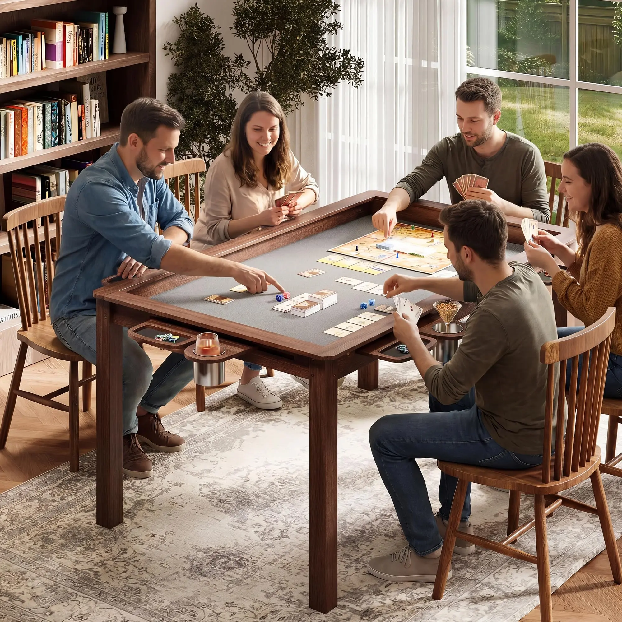 Board Game Table with Removable Top, Wood Dining/Gaming Table for 4-6 Players with Play Mat, 6 Detachable Cup Holders & 6 Hobby Trays,,Desktop Storage Box,Converts to Dining Table with Waterproof Game Mat