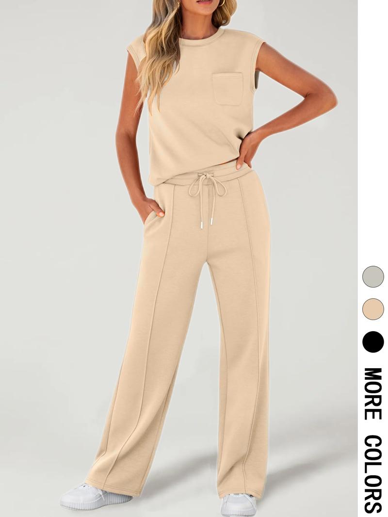 Women's Solid Tank Top & Drawstring Waist Pants Two-piece Set, Casual Sleeveless Round Neck Top & Trousers for Daily Wear, Ladies Two-piece Outfits for All Seasons, Clothes, Womenswear