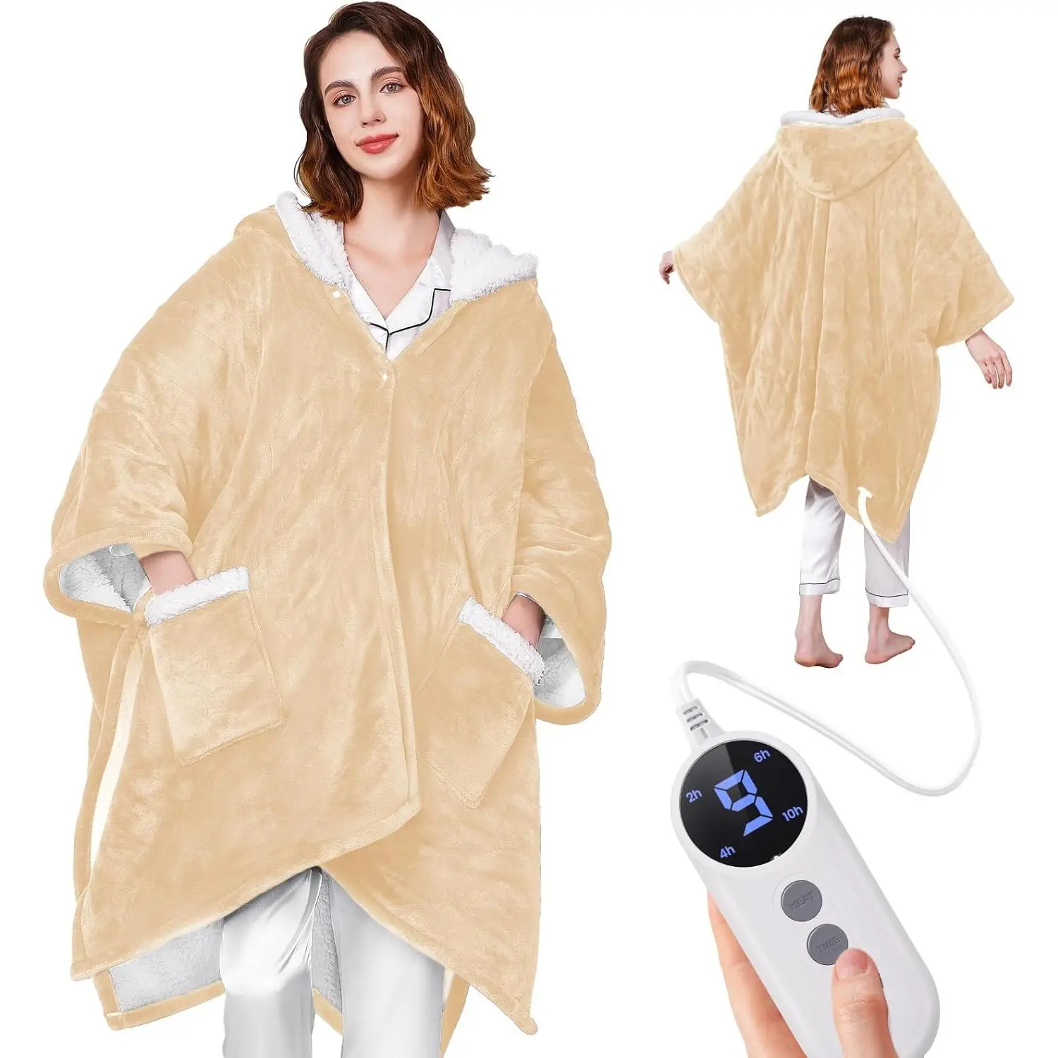Wearable Heated Blanket - Cozy  for Women, Mom, Men| Reversible Flannel & Sherpa Electric Robe with Pockets & , 9 Heat Levels, 2-10H Timer, ETL Safe, Machine Wash, 50"x70" Yellow