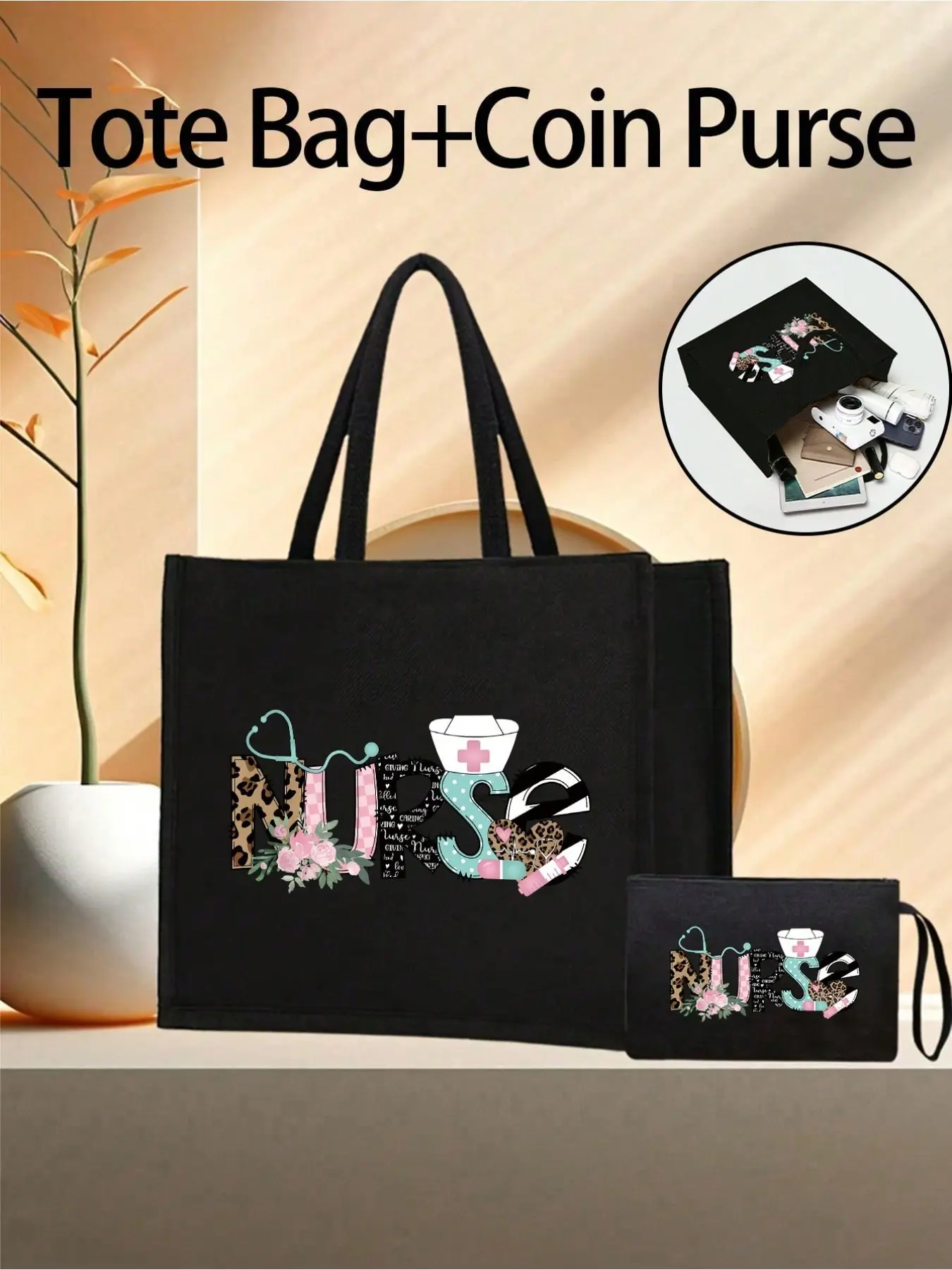 Nurse Theme Print Handbag and Makeup Bag Set, Large Capacity Shopping Bag, Zipper Travel Organizer, Gift for Nurses, Teachers, Doctors