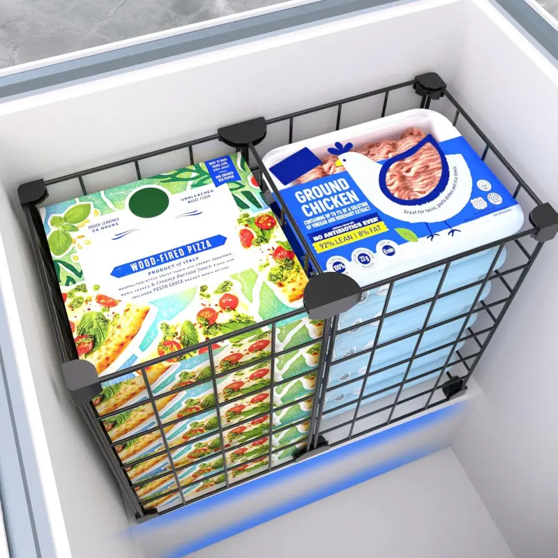 14.8 x 7.7 x 12.6 Inch Black Wire Storage Baskets, Chest Deep Freezer Organizer Divider Bins, Durable Wire Shelf Organizer for Freezer Compressor Zone, Separated Frozen Food Container Rack to Sort Frozen Fruit Meat Ice Cream Kitchen Fridge Freezer Tidying